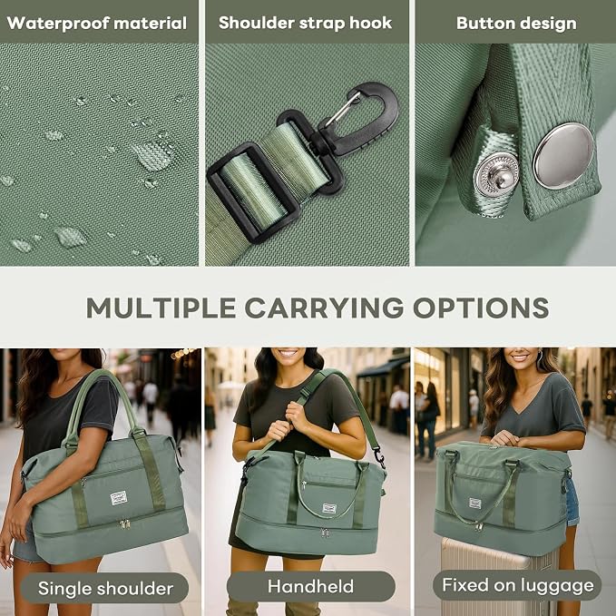 TANTOMI Travel Duffle Bag for Women Personal Item Travel Bag with Shoes Compartment, Weekender Overnight Bag Carry On Duffle Bag Tote Gym Bag for Travel, Sports, Hospital, Dance, Green
