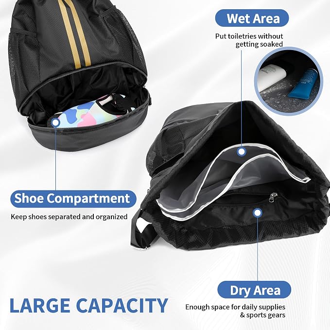 JELUTAR Drawstring Backpack Gym Bag with Shoes Pocket, Black Gold | Water-Resistant String Backpack for Soccer, Basketball, Swim, Beach Cinch for Women Men, 22 L Large Capacity, Wet Pocket