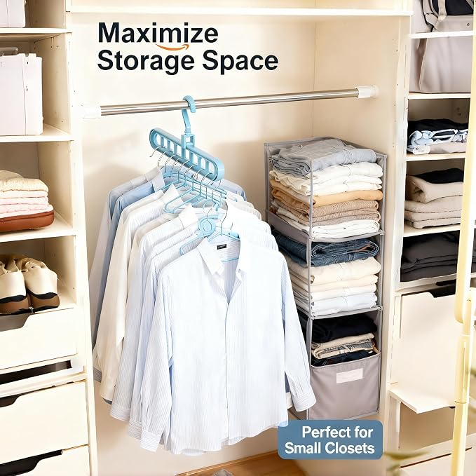 9 Space-Saving Hangers Heavy-Duty PP Plastic Tiered Hanger Organizer with Non-Slip Foldable Design, for Closet (Blue, 5)