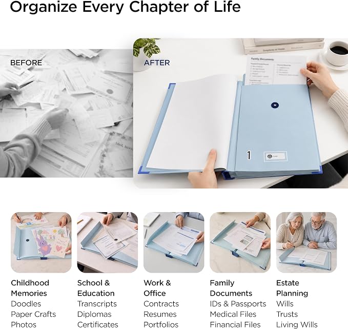 Important Document Organizer Folder with Blank & Preprinted Category Labels | Binder with 12 Envelopes for Document Files Across Life Stages: Personal, Family, School, Career and Estate Planning