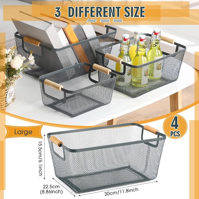 Ziliny 4 Pcs Metal Mesh Wire Baskets with Wooden Handles for Organizing, Pantry Organizers and Storage Steel Bin Kitchen Baskets for Fruit Potato Onion Snacks Bathroom Cabinet(Large,Dark Gray)