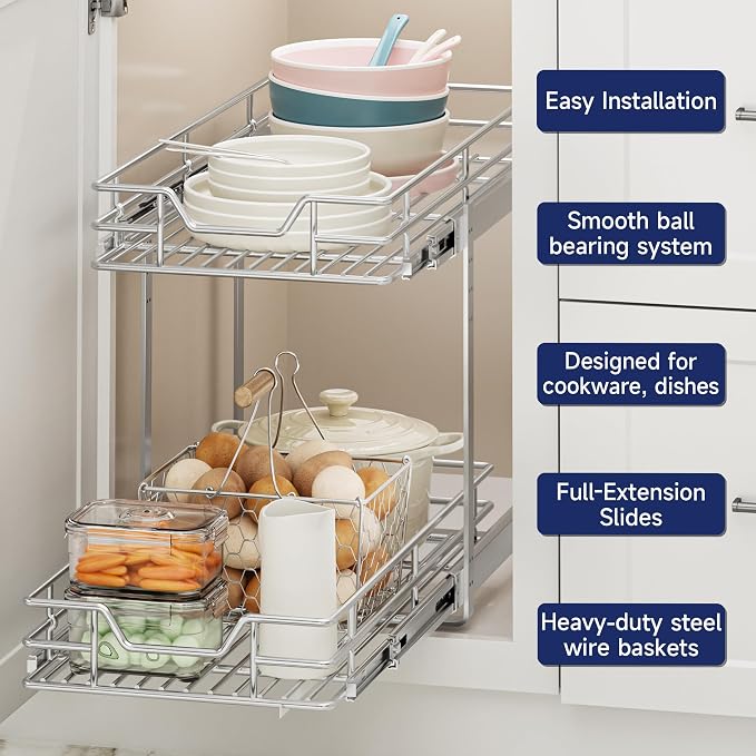 2-Tier Pull Out Cabinet Organizer, 10.5" W x 18" D, Heavy Duty Dual Slide Out Shelves for Narrow Base Cabinets, Chrome Wire Basket Drawer for Spices, Bottles & Snacks