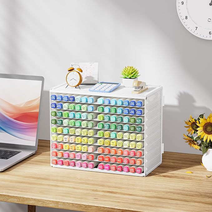 Marbrasse Mesh Marker Organizer, 9-Tier Rack Holds 126 Markers, White | Marker Holder, Space-saving Vertical Design, Desktop Storage for Office Classroom & Home Art Supplies