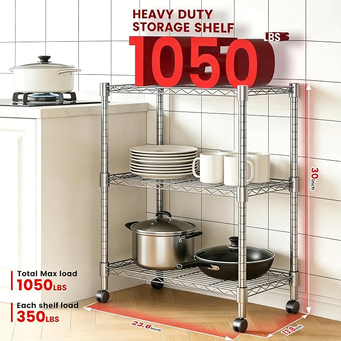 Xcity Storage Shelves, 3 Tier Heavy Duty Metal Shelving Unit with Wheels, 1050 LBS Adjustable Steel Wire Shelf for Commercial, Pantry, Kitchen, Garage, 14" D x 24" W x 30" H, Chrome