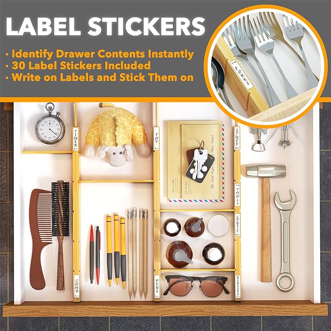 SpaceAid Bamboo Spice Drawer Organizer and Bamboo Drawer Dividers with Inserts and Labels, Kitchen Adjustable Drawer Organizers