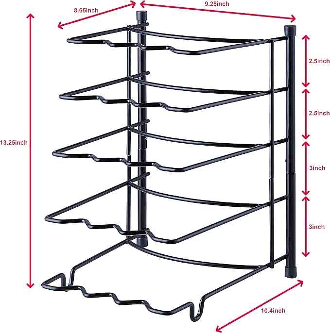 SunnyPoint Metal Heavy Duty Kitchen Countertop Cabinet Pantry Pan, Pot Lid, and Pot Organizer Rack Holder, 9.25 x 10.4 x 13.25 Inch, Black