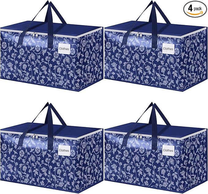HomeHacks Moving Bags, Extra Large Size Moving Boxes, Heavy Duty Luggage Bags with Smooth Zipper and Sturdy Handles, Large Capacity & Easy Loading Storage Totes for Space Saver 100L, 4-Pack, Blue