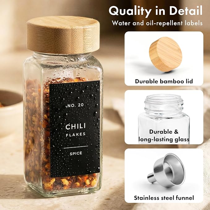 EDELHAUS Glass Spice Jars with Label, 24x Bamboo Wooden Lids - Black Labels | Airtight Lids keep spices fresh, Kitchen Spice Drawer Organizer, 4oz Seasoning Containers incl. Funnel, Brush & 240 Labels