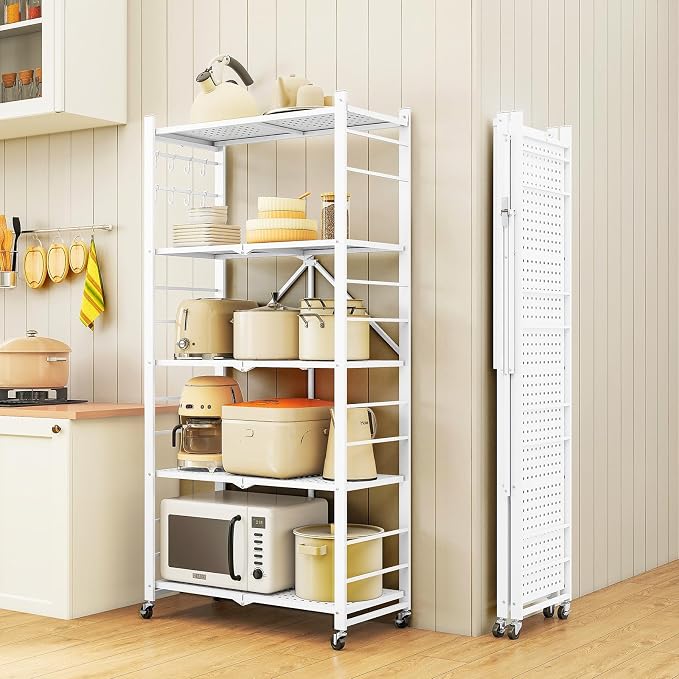 Fenbeli Foldable Shelves with Wheels - 5 Tier Folding Shelf, Collapsible No Assembly Metal Shelving Unit, Origami Storage Shelves & Rolling Storage Rack with 8 Hooks for Kitchen Pantry Garage
