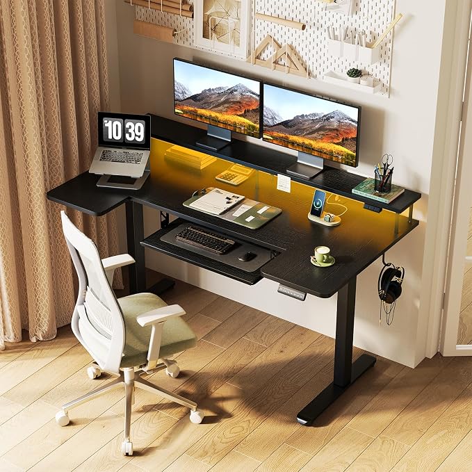 OffiGo 55 Inch U Shaped Electric Standing Desk with Keyboard Tray, Black | 3 Outlets & 2 USB Ports, Monitor Stand, 10 Colors & 10 LED Modes, 3 Presets, 28.3"-46.5"in Range, 154 lb Capacity