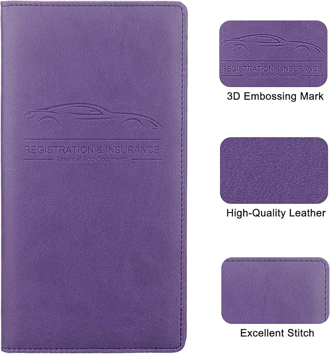 LumiMokki Premium Car Registration & Insurance Card Holder with Magnetic Shut, Vehicle Glove Box Car Organizer - For Documents, Cards, License (Purple)