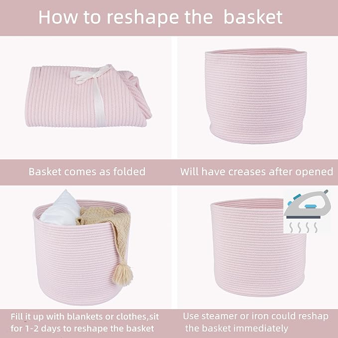 XUANGUO Cotton Rope Woven Basket, 16x14 in Kids Laundry Basket, pink | Round blanket basket and small laundry basket; baby hamper or nursery storage bin for girls, boys, toys, clothes and shoes