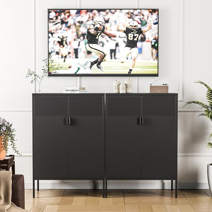 Ustamio Black Metal Storage Cabinet, Metal Locker Storage Cabinet with Doors and Shelves, 3 Tier Steel Office Storage Cabinet, Metal Sideboard for Home, Office, Kitchen and Coffee Bar