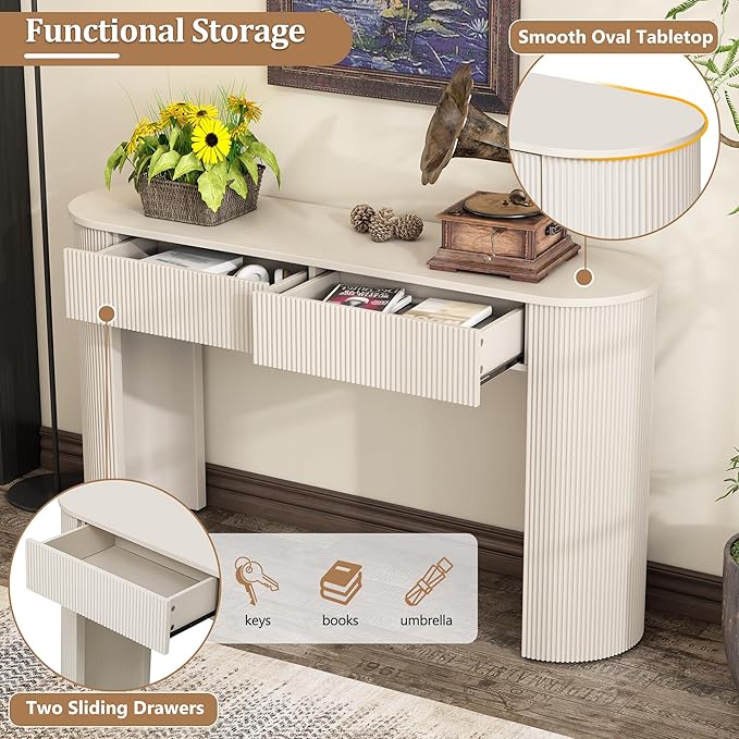 Modern Fluted Console Table 54-Inch Oval Entry Sofa Table with Storage Drawers for Living Room Entryway Hallway Furniture, White