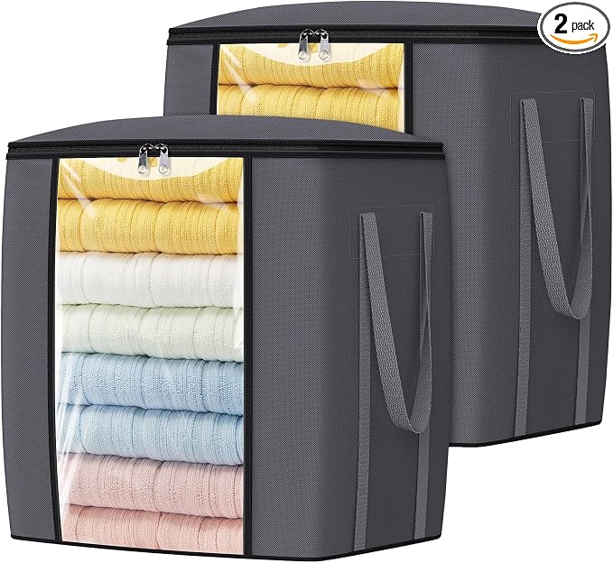 TasticTotes 120L Extra Large Blanket Clothes Storage Bags, Black, 2 Pack | Foldable Blanket Storage and Organization, Thick Fabric Containers with Reinforced Handles & Zippers for Comforters, Bedding