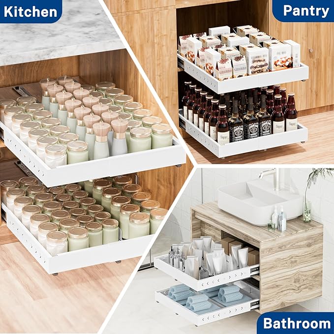 Insputer 1 Pack Pull Out Cabinet Organizer Expandable (12.4"-20.08")W & (16.26"-22.44")D, No Drill Slide Out Drawer with 3 Slide Rails, 2Pcs Magnetic Panel, Adhesive Roll Out Shelf for Kitchen, Pantry