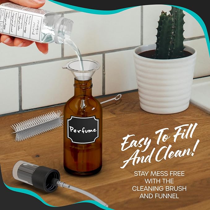 Nevlers 4 Oz Amber Glass Spray Bottles for Cleaning & Refreshment 48 Pack | Amber Glass Bottles | Mist Bottle Sprayer w/ Shrink Wrap, Funnel, Brush, Marker & Labels | Small Spray Bottle for Hair & Face
