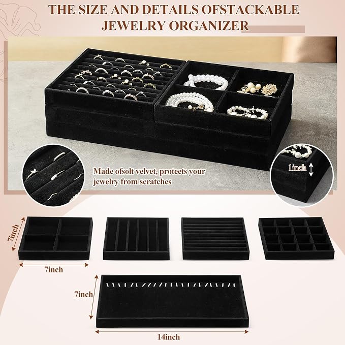 Cinnvoice Set of 10 Stackable Jewelry Organizer Trays for Drawer 14 Inch Velvet Jewelry Drawer Insert Display Storage with Removable Divider for Necklace Earring Ring Watch Bracelet (Black)