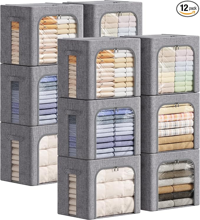 Lifewit Clothes Storage Bins with Metal Frame, Stackable Storage Box, Foldable Clothing Storage Bins with Lids, 40L Storage Bags Fabric Box Organizer with Clear Window＆ Zippers＆ Sturdy Handles 12 Pack