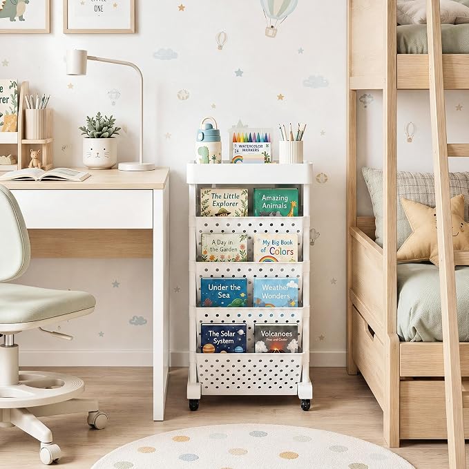 5-Tier Rolling Bookshelf Cart with Wheels, White | Slim Mobile Book Cart, Plastic Magazine Rack Rolling File Paper Organizer for Home Office Study Classroom Living Room