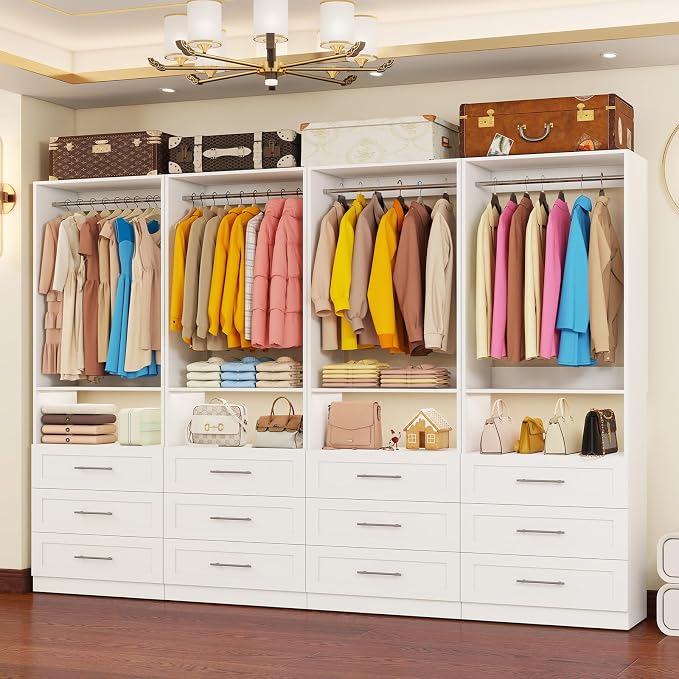 Closet System with 12 Drawers, 8FT-21FT Closet Organizer System Wooden Walk-in Closet Shelf Corner Small Closets Storage System with 8 Hanging Rods Modular Freestanding White, 3Sets