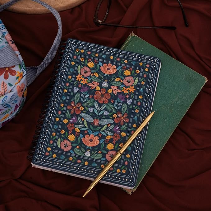 Steel Mill & Co Cute Mini Spiral Notebook, 8.25" x 6.25" Journal with Durable Hardcover and 160 Lined Pages (Folk Floral Multi)