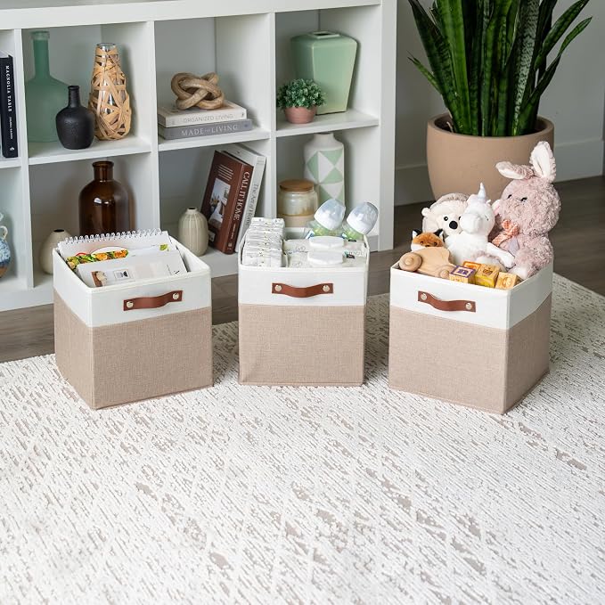 OrganiHaus 11x11 Cube Storage Bins, Set of 4 - Fabric Storage Cubes | Sturdy, holds its shape; odor-free; fits ClosetMaid 11-inch shelves; vegan leather handles