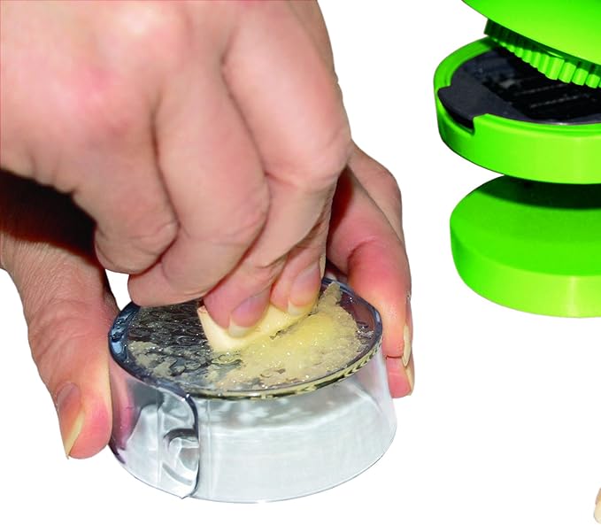 Garlic Perfection Press, Crusher, Mincer, and Storage Container - Easy to Clean - Stainless Steel Blades - Green