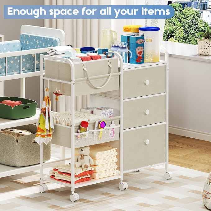 Cidaziya 2In1 Baby Diaper Caddy Organizers and Storage, 3 Tier Rolling Cart with Dividers and Drawers, Mobile Utility Cart Baby Dresser Clothes Organizer for Changing Table, Crib Nursery, Bedroom