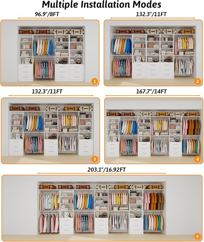 Closet System with 9 Drawers, 8FT-17FT Closet Organizer System Storage Storage Adjustable with 9 Cuttable Shelves for Walk in Closet with 9 Expandable Hanging Rods, 3 Sets , White