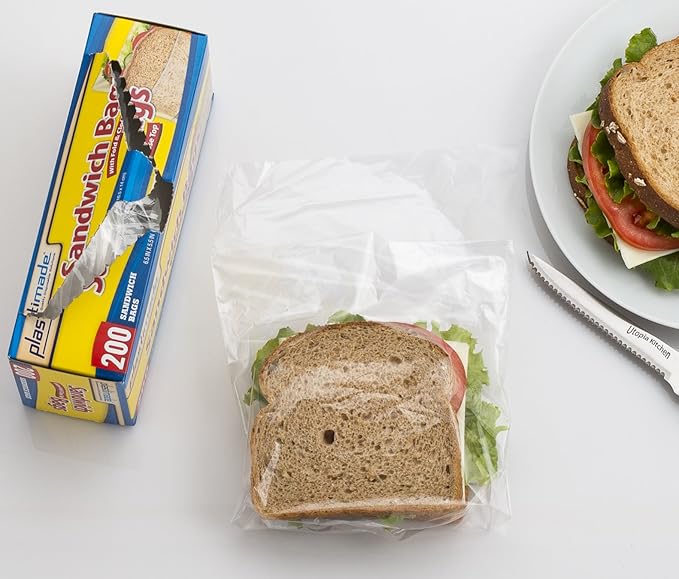 Disposable Plastic Sandwich Bags With Fold Close Top 200 Bags, Great For Home, Office, Vacation, Traveling, Sandwich, Fruits, Nuts, Cake, Cookies, Or Any Snacks (1 Pack)