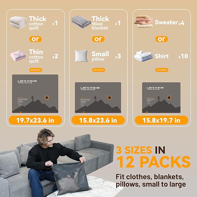 Travel Vacuum Bags for Clothing with Rechargeable Cordless Pump,Vacuum Storage Bags,12 Pack Vacuum Bags,Compression Packing for Clothes,Pillows,Comforters & Travel