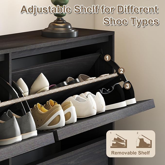 Shoe Cabinet with 4 Flip Drawers, Modern Narrow Shoe Storage Cabinet Organizer with Adjustable Shelf, Hidden Freestanding Shoe Rack for Entryway, Hallway, Living Room, Black