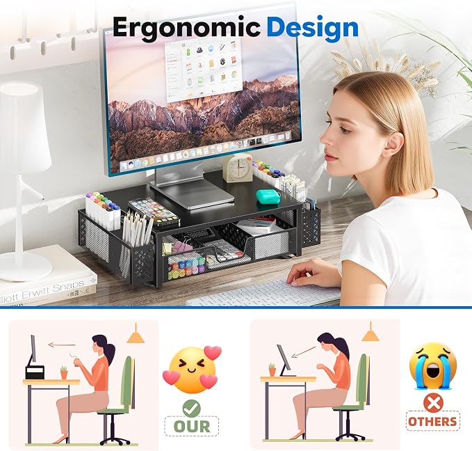 Simple Trending Desk Organizer and Accessories, 2-Tier Computer Monitor Stand Riser with Drawer & 2 Pen Holders, Office Desk Accessories & Workspace, Laptop & Printer Stand for Desktop, Black