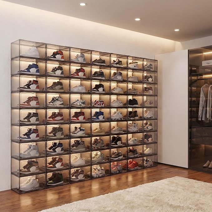 MMBABY 12 Pack Acrylic Shoe Boxes– Ultra Clear Plastic Stackable Sneaker Storage For Sneakerhead. Professional Grade Shoe Display Case with Magnetic Door.Fits US Size 15 (Grey-Side Open)