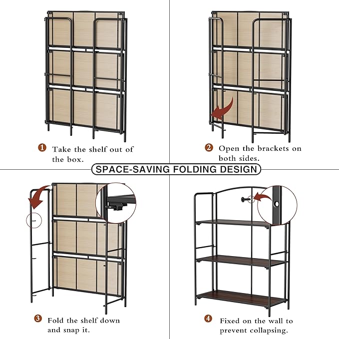 Crofy 3-Tier Wider Foldable Bookshelf, Black Frame & Walnut Shelves | No-Assembly Collapsible Portable Storage Organizer; Sturdy Walnut Finish Shelves; Ideal for Living Room & Home Office