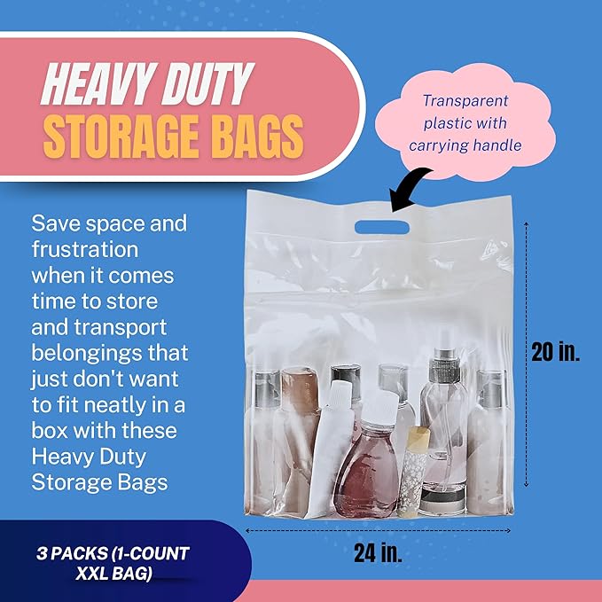 (3) Heavy Duty Storage Bags XXL Moving Traveling Clothing Bedding 2 FT x 20 IN Handles Zip Seal Organization Reusable