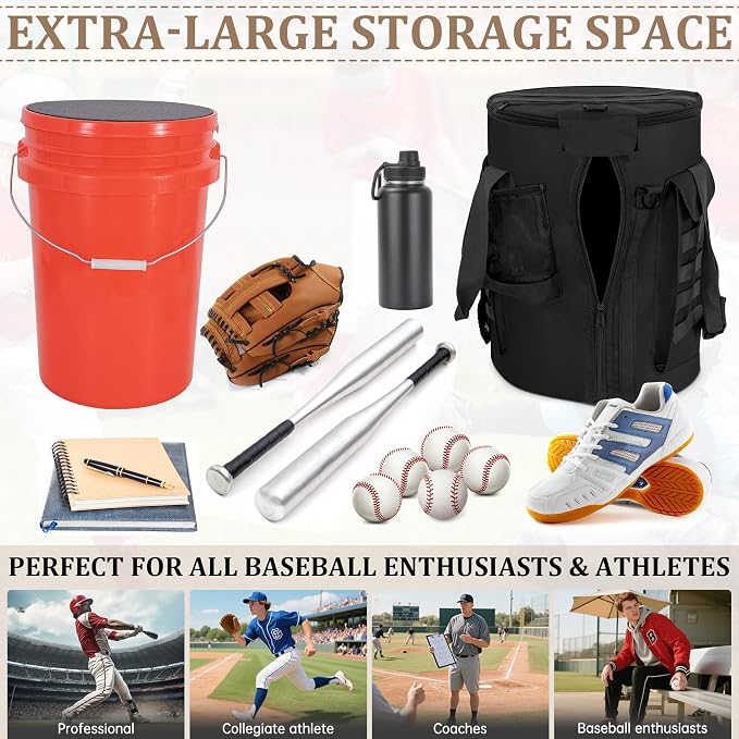 Baseball Bucket Bag, Tactical Style Softball Bucket Cover for 6 Gallon Bucket, Coaching Accessories Organizer with Multiple Pockets for Bat, Gloves, Scoreboard