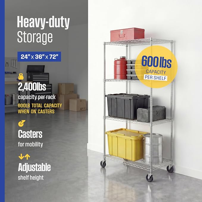 SafeRacks NSF 4-Tier Heavy Duty Steel Wire Rack w/Wheels (36"x24"x72")