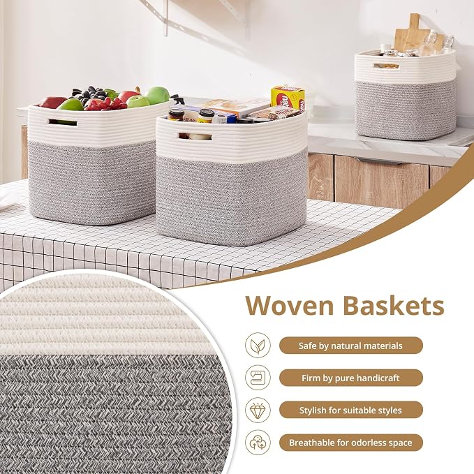 OIAHOMY 13 Inch Cube Storage Bins, 3-Pack Cotton Rope Woven Baskets for Organizing, Insert Storage Baskets for Shelves, Baby Nursery, Closet Organizer, 13 * 13 * 12.6IN, Grey & White