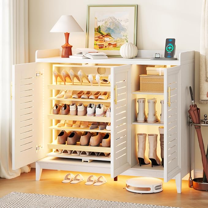 Vlsrka Shoe Storage Cabinet with Shutter Doors and Adjustable Shelves | 6 Tier Wooden Shoe Organizer, Large Capacity, Human Sensor Lighting, 180° Rotating, for Entryway, Hallway, Living Room, White