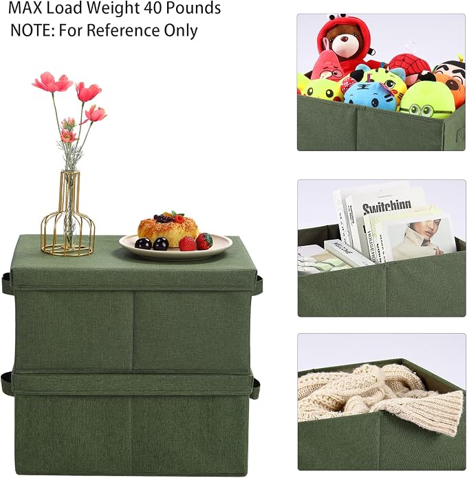 HOONEX Storage Bins with Lids for Organizing, Pack of 2, Storage Boxes with 2 Carrying Handles and Sturdy Heavy Cardboard, 16.5" L x 11.8" W x 7.5" H for Shoes, Books, Clothes, Olive