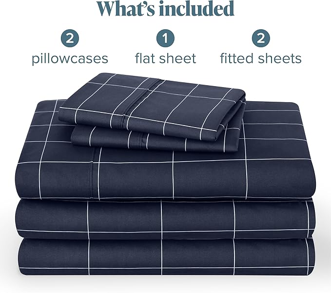 Bare Home Split King Sheet Set - Luxury 1800 Ultra- Soft Double Brushed Microfiber - Deep Pockets - Easy Fit - 5 Piece Bedding Sheet Set (Split King, Grid - Midnight/White)