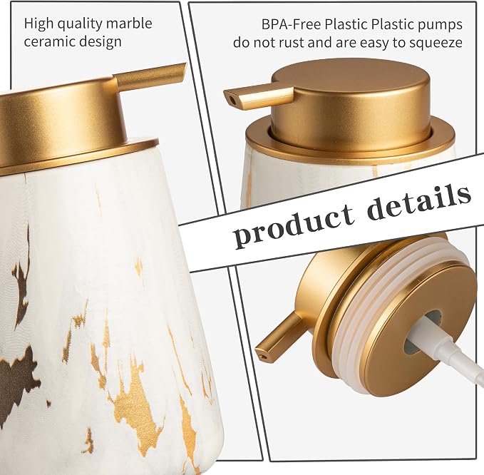 Enra Ceramic Soap Dispenser, 12 oz Gold Marble Hand Lotion Dispenser, Wide-Mouth Refillable Dish Soap Dispenser, Modern Liquid Soap Dispenser for Kitchen & Bathroom Countertop Decor