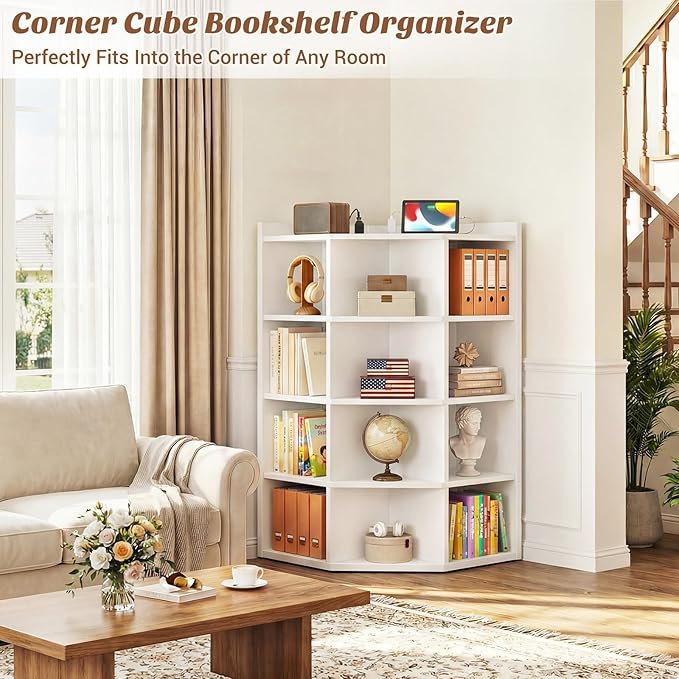 Aheaplus Corner Cabinet, 5-Tier Corner Bookshelf with Power Outlets, Corner Cube Storage Shelf with Top Table, Wooden L Cubby Toy Storage with 12 Cubes for Home Office, Bedroom, Living Room, White