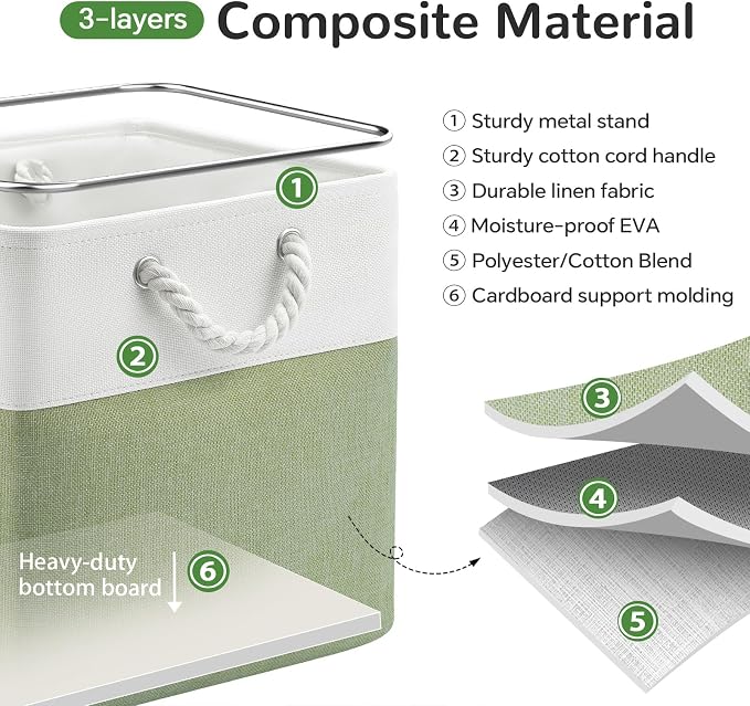 13 x 13 Inch Cube Storage Bins, 6 Pack Fabric Storage Basket with Handles, Foldable Boxes Organizer for Shelf Baskets for Home, Clothes (White/Green)