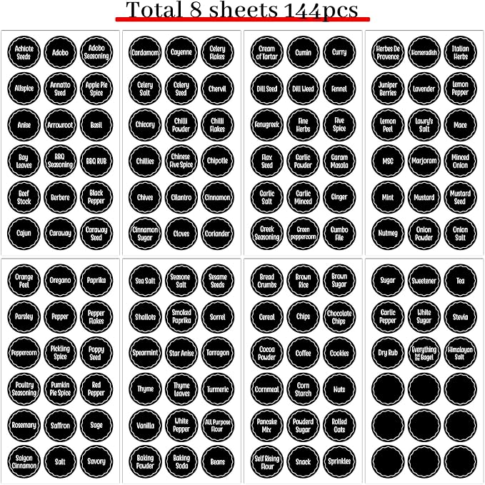 Andiker 144Pcs Spice Jar Labels, Preprinted Self-Adhesive Spice Jar Stickers, Waterproof Seasoning Label Stickers for Jars Bottles and Containers (Round, Black)