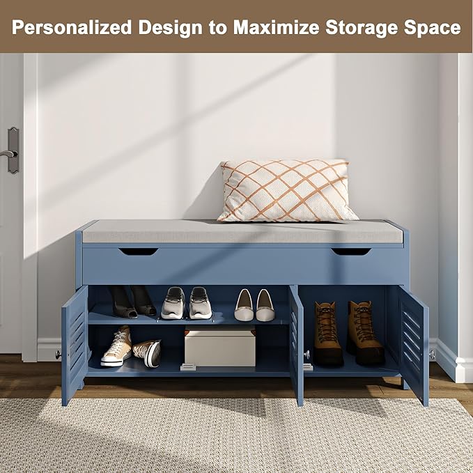 ChooChoo Shoe Storage Bench with Lift Top Storage & Cushioned Seats | 41.3" Entryway Bench with 3 Compartments & Adjustable Shelf, for Entryway, Blue
