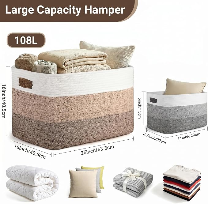 Large Laundry Basket/Hamper, 25"x16"x16" Rectangle Woven Basket | Toy Storage Basket, Baby Blanket Basket, With Handle, Shelf Basket, Living Room Organizing