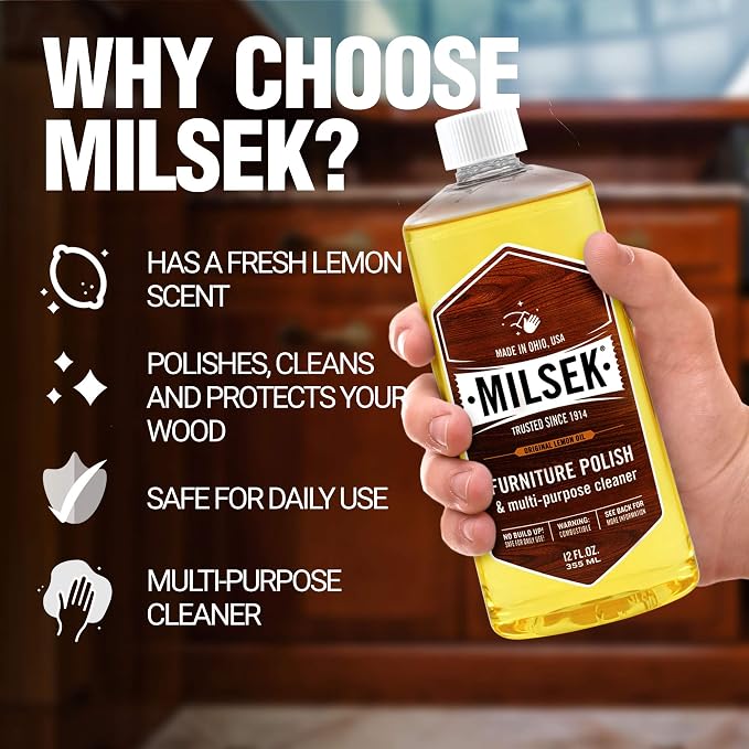 Milsek Furniture Polish and Wood Cleaner with Lemon Oil - Multipurpose Solution for Home Improvement from Hardwood Floors to Kitchen Cabinets - 12 Fl Oz (Pack of 12)